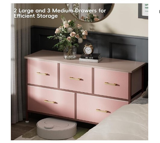 5 Drawers Dresser for Bedroom, Pink Dresser with Fabric Drawers, Chest of Drawers with PU Finish, Metal Handle, Storage Organizer Unit for Closet, Kids Room, Living Room, Tv Stand up to 43&#x27;&#x27;, Pink