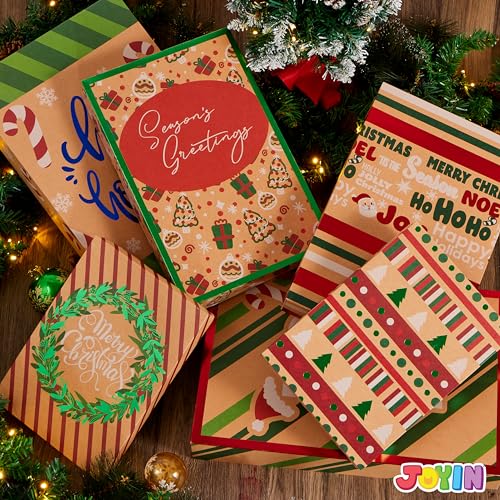 JOYIN 12 Pcs Christmas Aluminum Foil Kraft Paper Gift 3 sizes Boxes with Base, Xmas Shirt Wrap Box, Holiday Present Box for Birthday Party Favors Decorations Gift-Giving, 12 Design