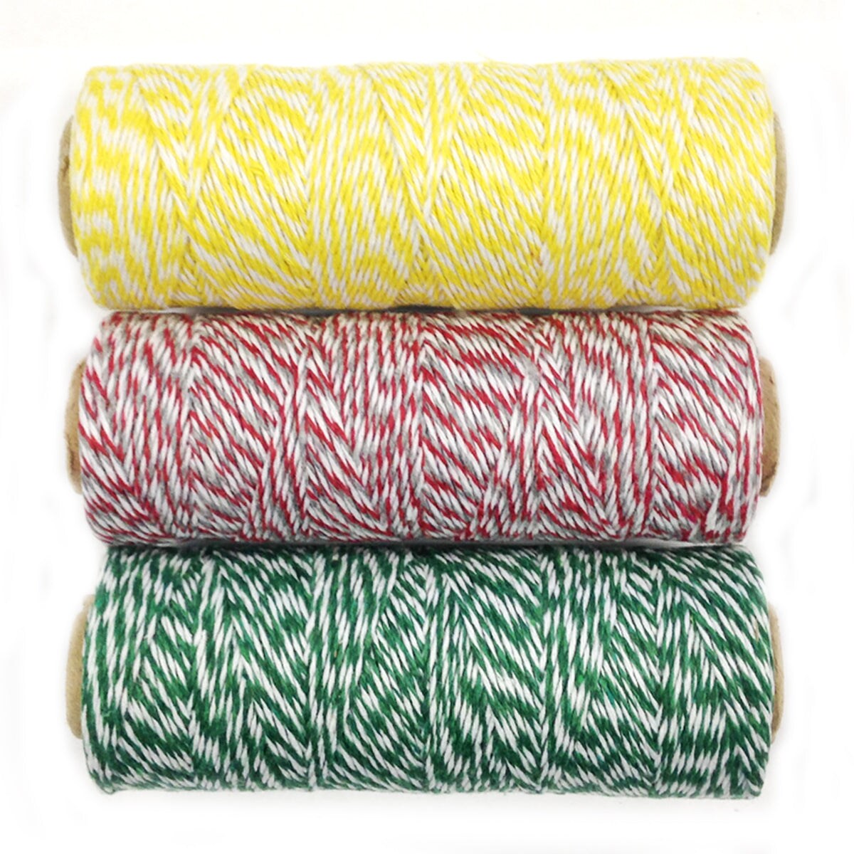 Wrapables Cotton Baker&#x27;s Twine 4ply 330 Yards (Set of 3 Spools x 110 Yards) for Gift Wrapping, Party Decor, and Arts and Craft (Yellow, Red &#x26; Grey, Dark Green)