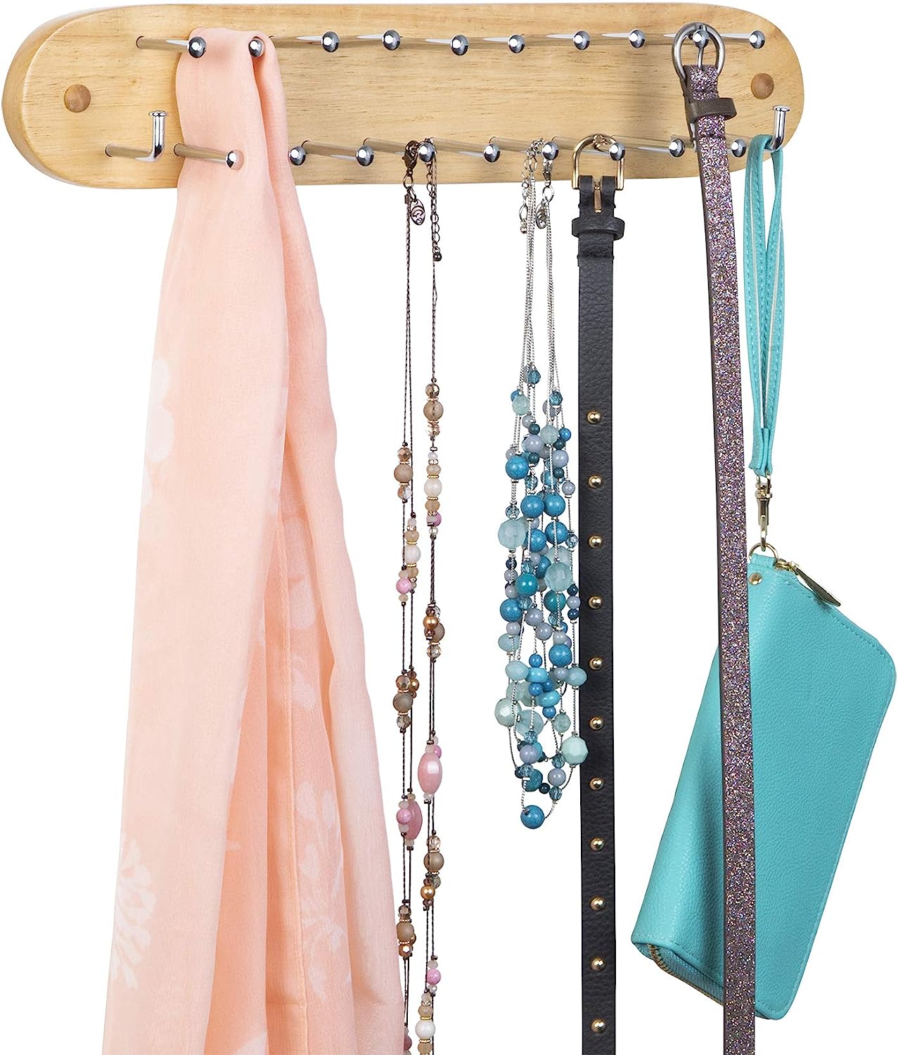Wall Mounted Tie, Belt and Scarf Hanger, Holds Up to 21-Ties, Natural Wood