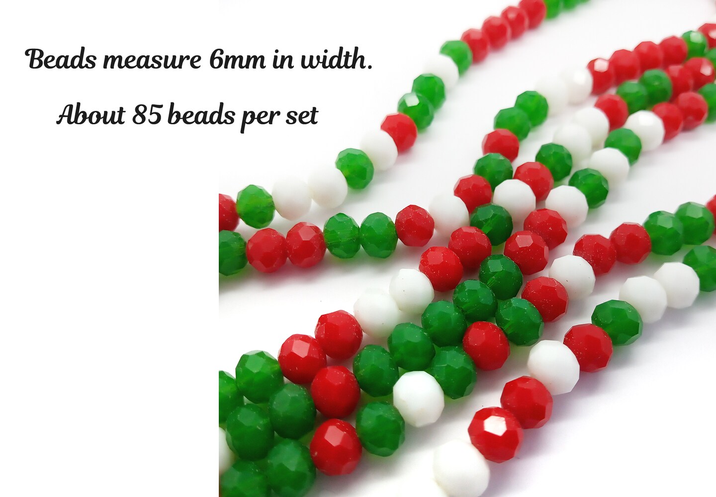 Small Glass Beads in Christmas Colors, 6mm Rondelles in Red White & Green, 85 pcs, Adorabilities