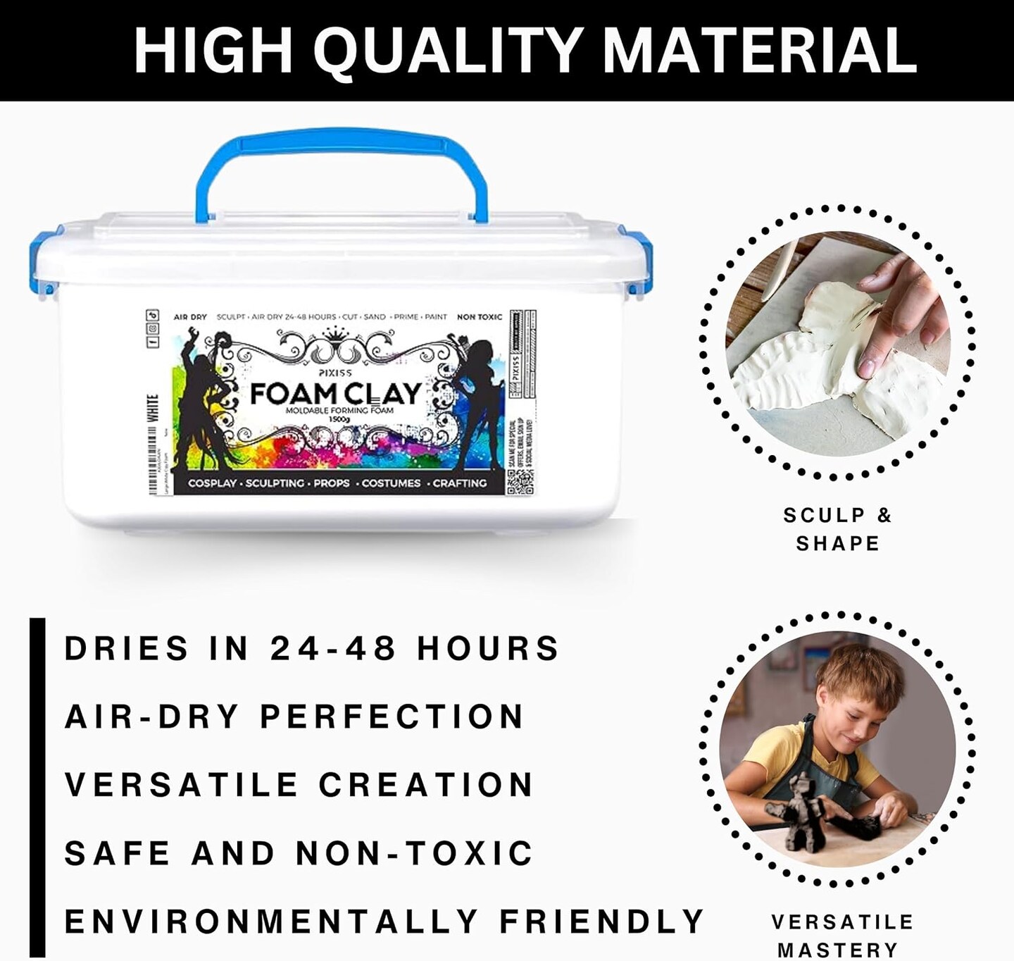 Pixiss Black and White Modeling Foam Clay - Premium Foam Air Dry Clay Cosplay Foam for Costumes, 1500 Gram Sculpting Clay for Crafts - Flexible Air Drying Clay Foam