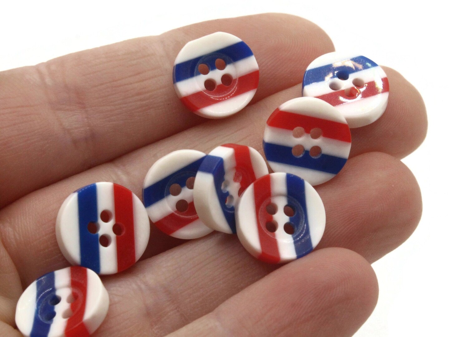 10 13mm Blue White and Red Striped Resin Flat Round Plastic Four Hole Buttons