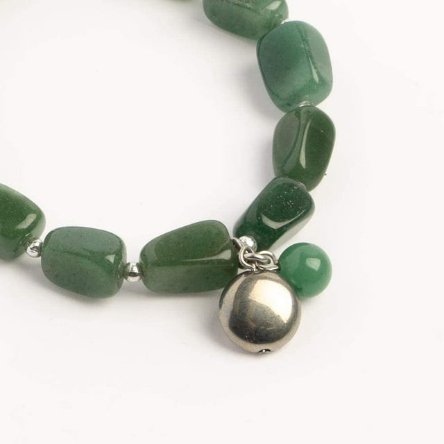 Earth&#x27;s Jewels Semi-Precious Aventurine Natural Green Gemstone Bracelet, Silver Round Charm