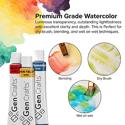 GenCrafts Watercolor Paint 50 Colors Set 12ml/ 0.4oz. - Quality Non Toxic  Pigment Paints for Canvas, Fabric, Crafts, and More