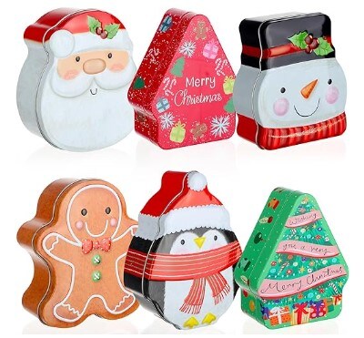 Xmas Metal Candy Tins with Lids 6 Pcs Christmas Cookie Tin Box Set Cookie Jar Food Storage Containers Christmas Gift Packing Solution for Storing Candy Chocolate Biscuits Favor for a Christmas Party