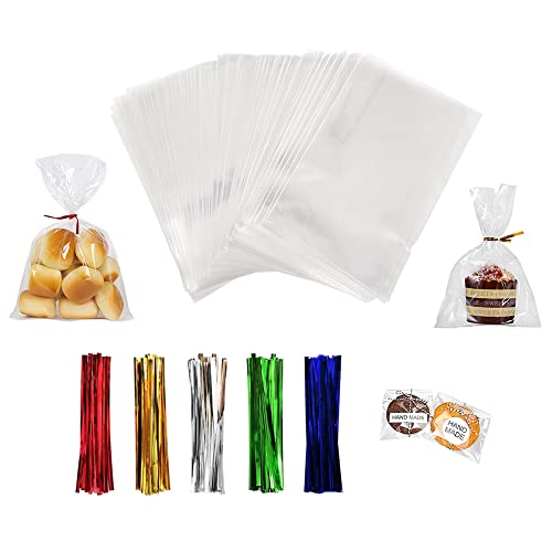 XLSFPY 100PCS Clear Cellophane Bags, 5x7 Small Treat Bags with Ties, Cake Pop Bags, Candy Bags, Goodie Bags, Rice Crispy Treat Bags, Clear Bags for Favors Birthday Party (5&#x27;&#x27; x 7&#x27;&#x27;)