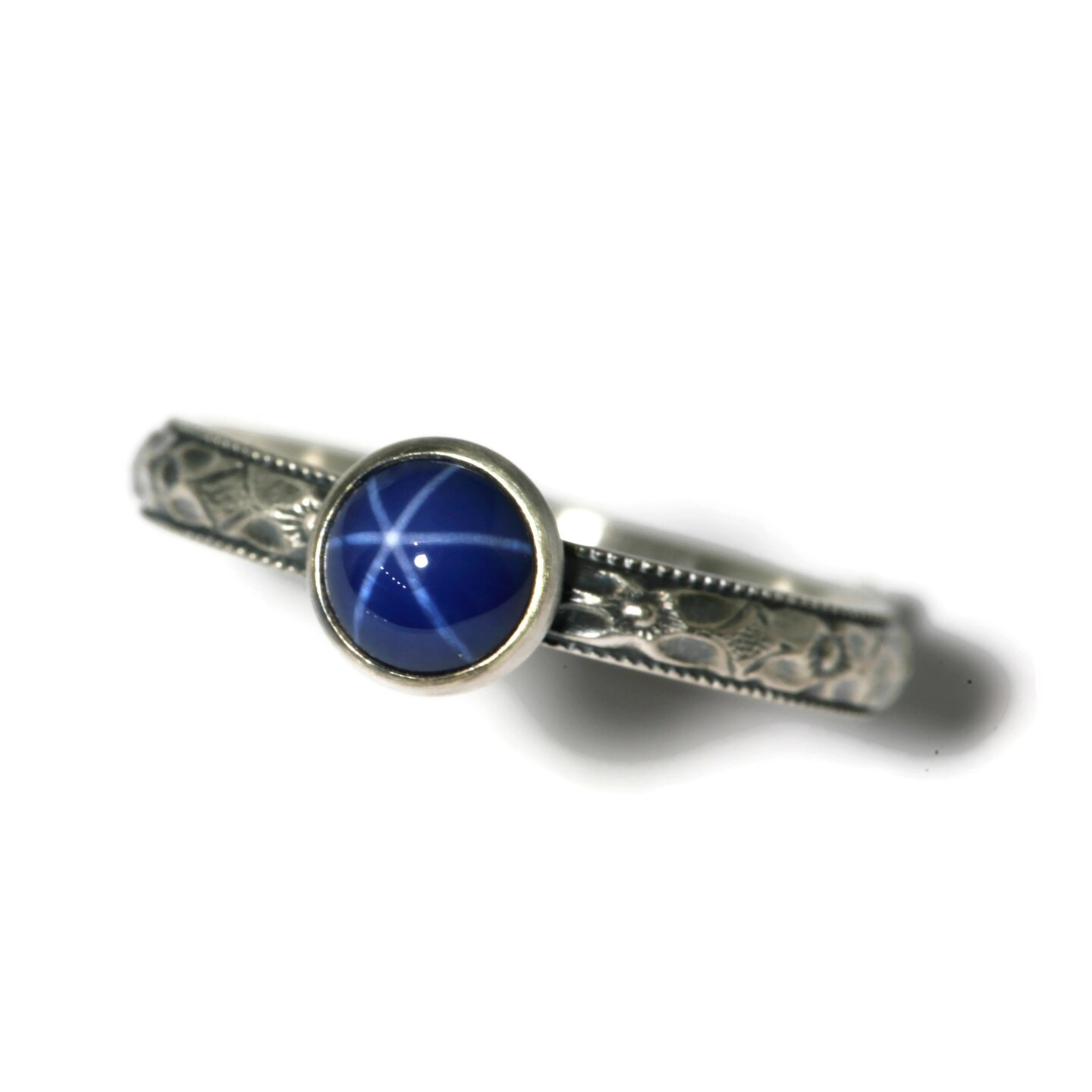 6Mm Lab Created Blue Star Sapphire 925 Antique Sterling Silver Diamond Flower Band Ring By Salish Sea Inspirations