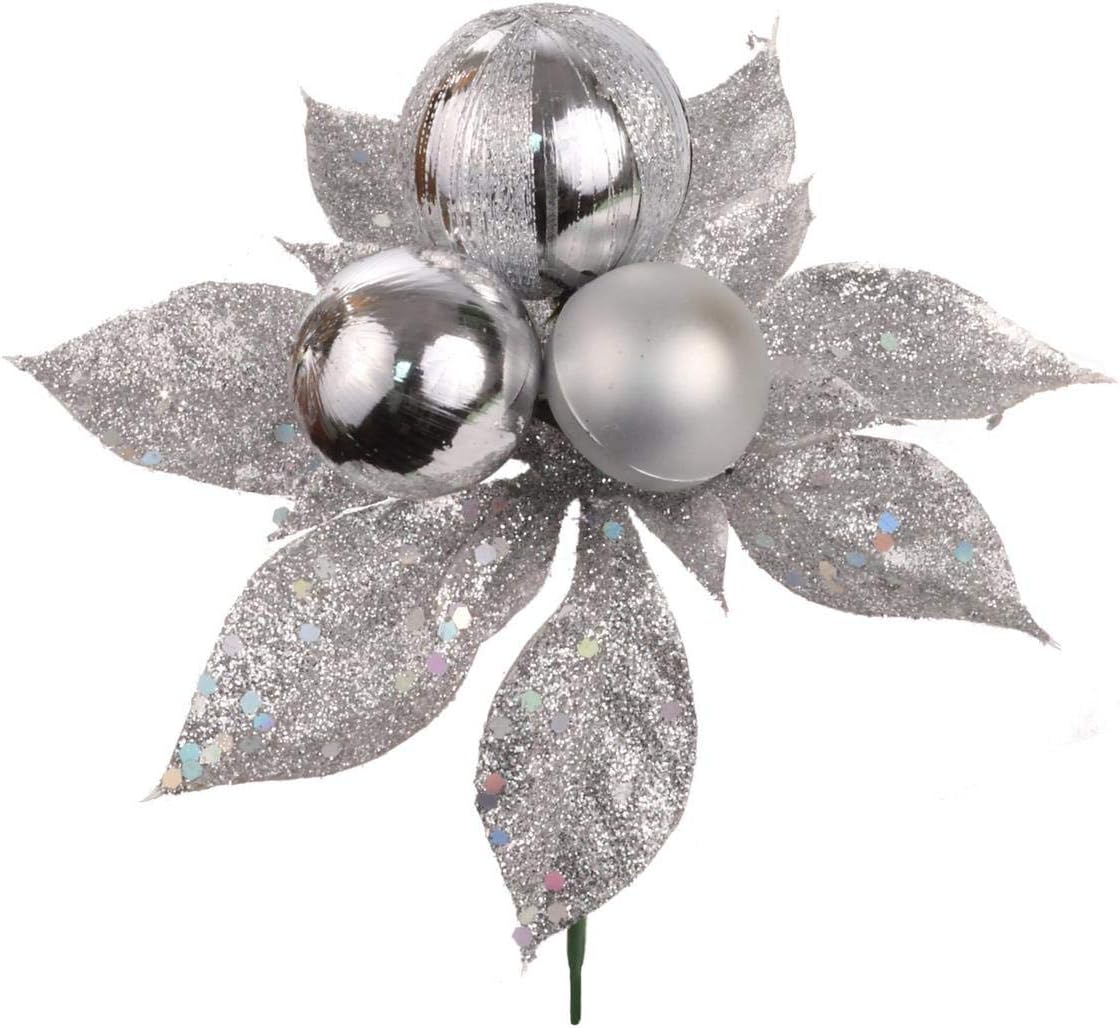 Silver Glitter Poinsettia Pick with 3 Ornament Balls Vibrant Holiday Xmas Accents Decorative