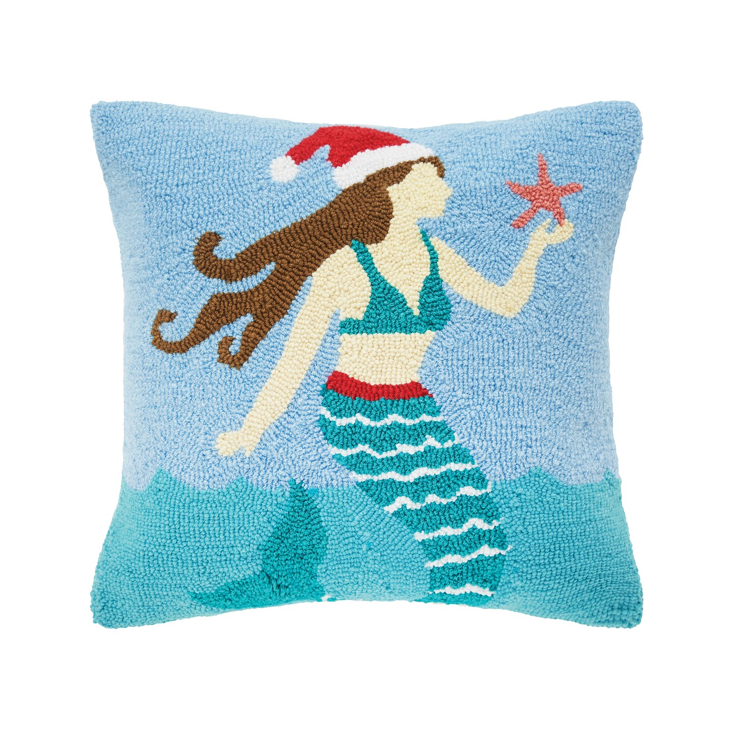 18&#x22; x 18&#x22; Santa Star Mermaid Hooked Christmas Throw Pillow