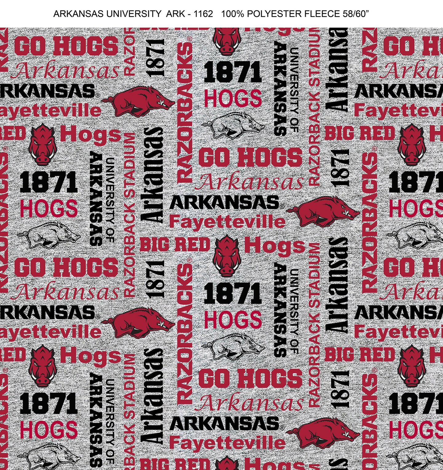 Sykel Enterprises-University of Arkansas Fleece Fabric-Arkansas Razorbacks Heather Verbiage Fleece Blanket Fabric-Sold by the yard