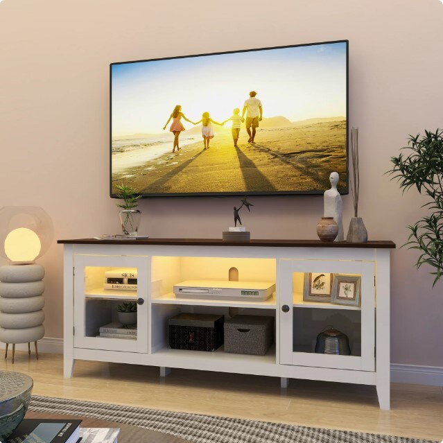 LED TV Stand, TV Stand with LED Strip & Power Outlets, Modern Wooden