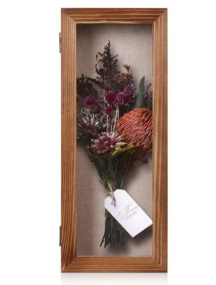 Memory Display Case for Wedding Bouquet Memorabilia Medals Photos Keepsakes, 12.5" x 5" Shadow Box, Solid Wood Box Frame with Linen Background and 8 Stick Pins