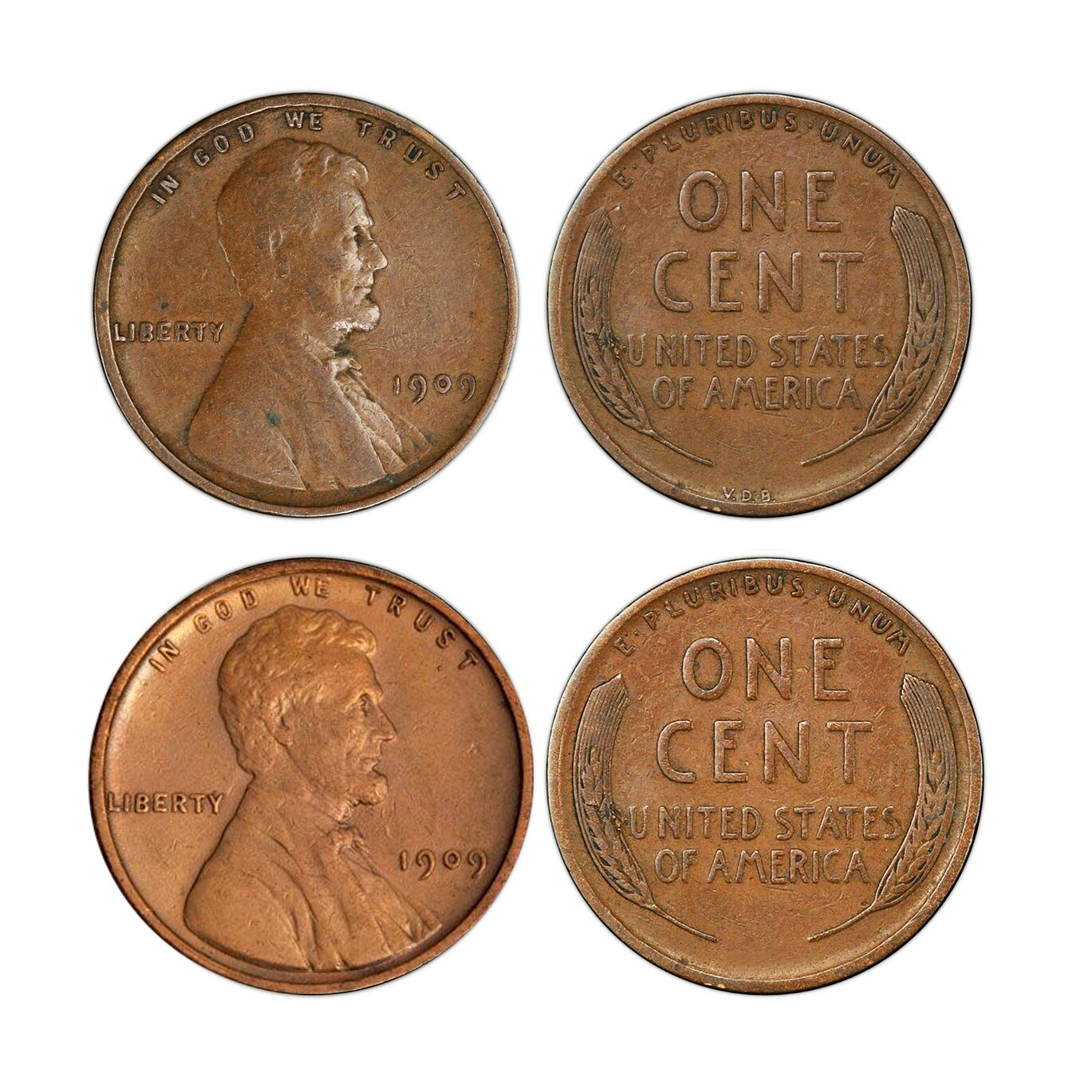 1909 and 1909 VDB &#x201C;First-Year of Issue&#x22; Lincoln Wheat-Ear Pennies