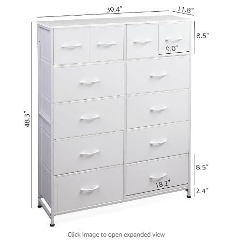 Dressers & Chests of Drawers, Fabric Dresser for Bedroom, Closet, Nursery, Tall Dresser for Bedroom with 12 Drawers, White Fabric Storage Dresser with Drawers, Steel Structure, Wood Top