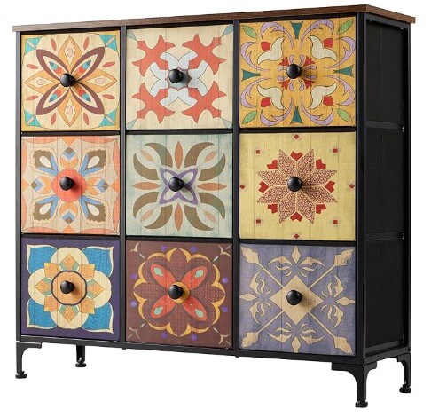 Dresser, Nine-Drawer Bedroom Dresser, Big Dressers & Chest of Drawers, Fabric Dresser for Bedroom, Bohemian Storage Drawers, Printed, Wooden Top