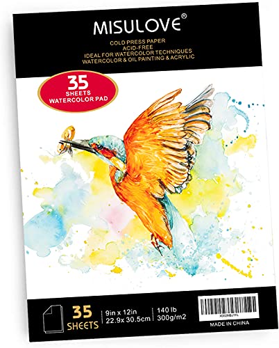 Watercolor Pads, 9x12", Glue Bound, Acid-Free Paper, 35 Sheets (140lb/300gsm), Art Sketchbook for Painting & Drawing with Most Wet & Dry Media, Ideal for Beginners, Artists & Professionals