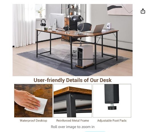 66 Inch Wooden Top Space-Saving Corner Desk w/Metal Frame, Large Computer Gaming PC Desk, Writing Table Study Desk for Bedroom, Study, Office (Rustic Brown)