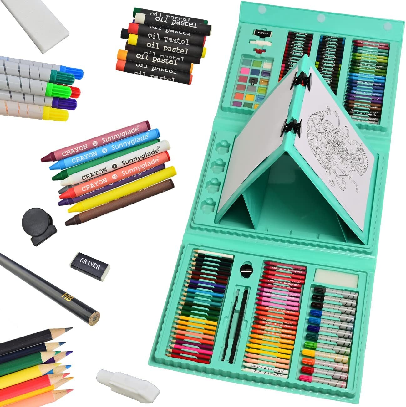 185 Pieces Double Sided Trifold Easel Art Set, Drawing Art Box with Oil  Pastels, Crayons, Colored Pencils, Markers, Paint Brush, Watercolor Cakes,  Sketch Pad