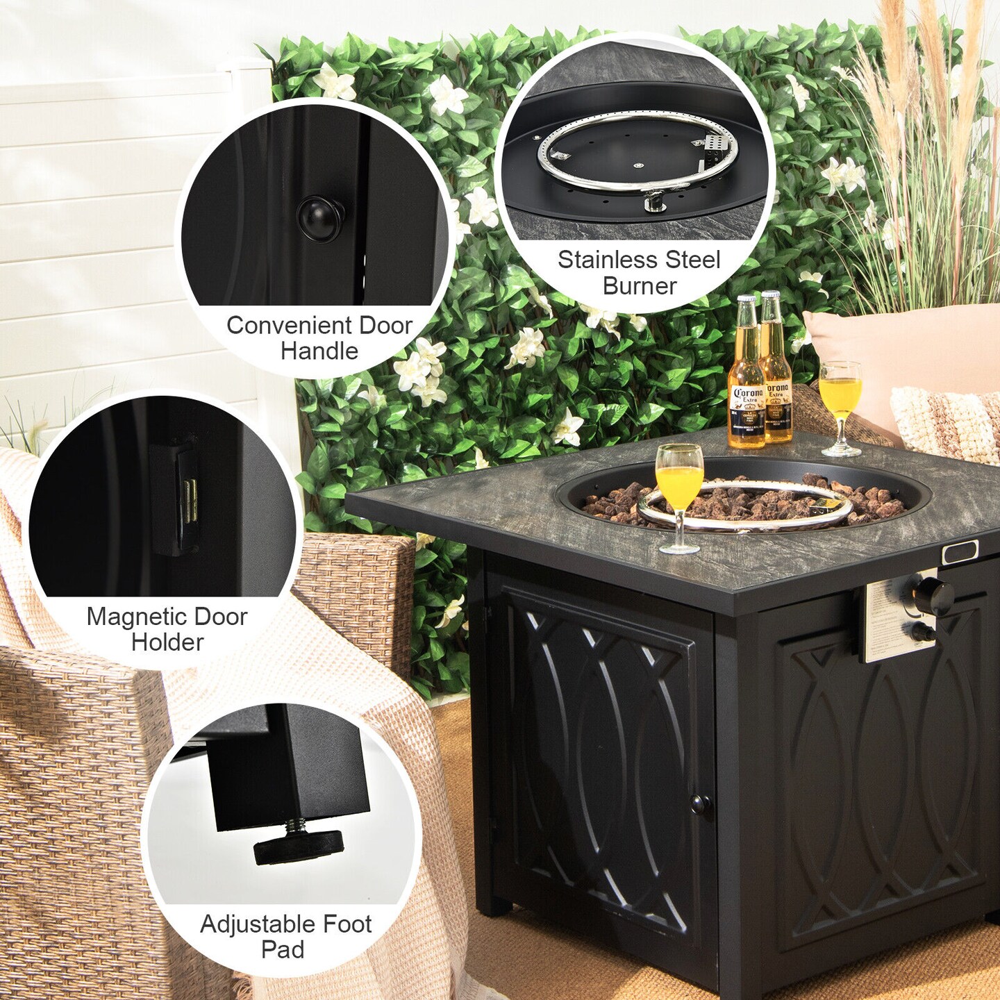 Black Square 32 Inch Gas Fire Pit Table 50,000 BTU with Lava Rocks