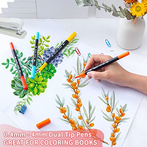 Dual Brush Markers for Adult Coloring Books, 24 Colored Journal Planner Pens Fine Point Marker for Art School Office Supplies Bullet Journaling Note Taking Drawing