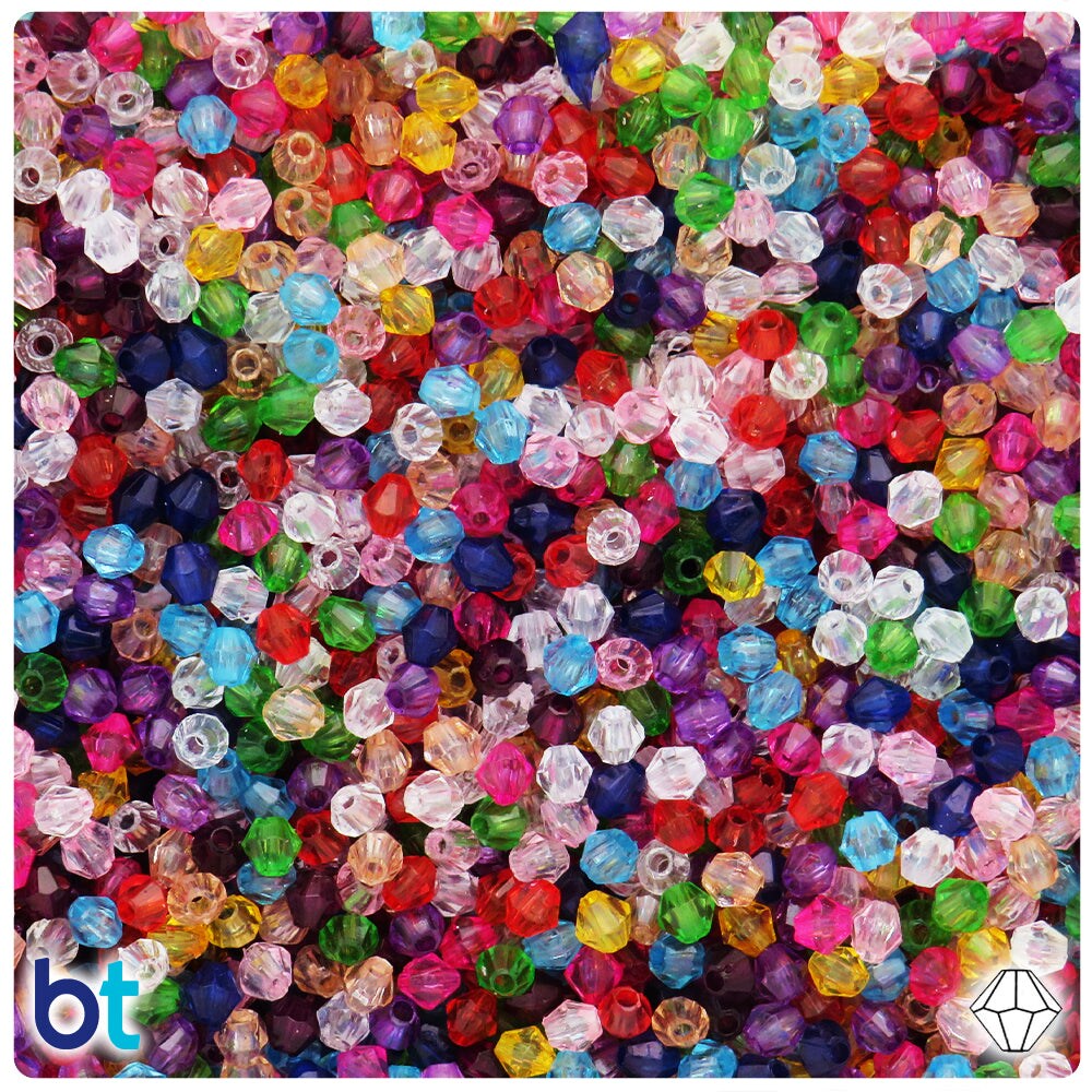 BeadTin Mixed Transparent 4mm Faceted Bicone Plastic Craft Beads (1200pcs)
