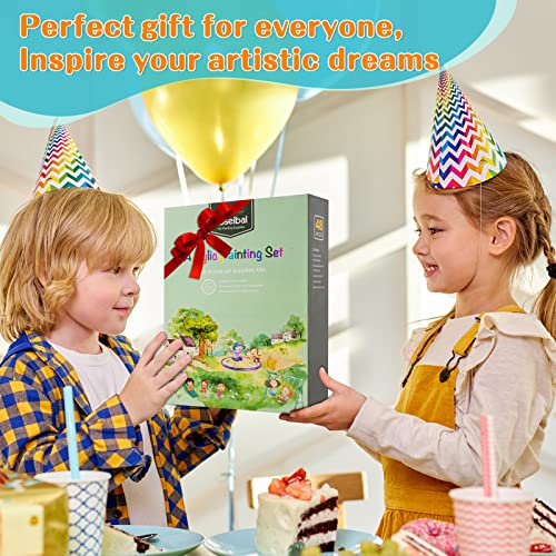 48 Piece Painting kit with 24 Acrylic Paints, 8 DIY Wooden Stencils 5 Canvas Panels 8 Brushes, Table Easel, Etc, Art Supplies Set for Kids Students Artists and Beginner.