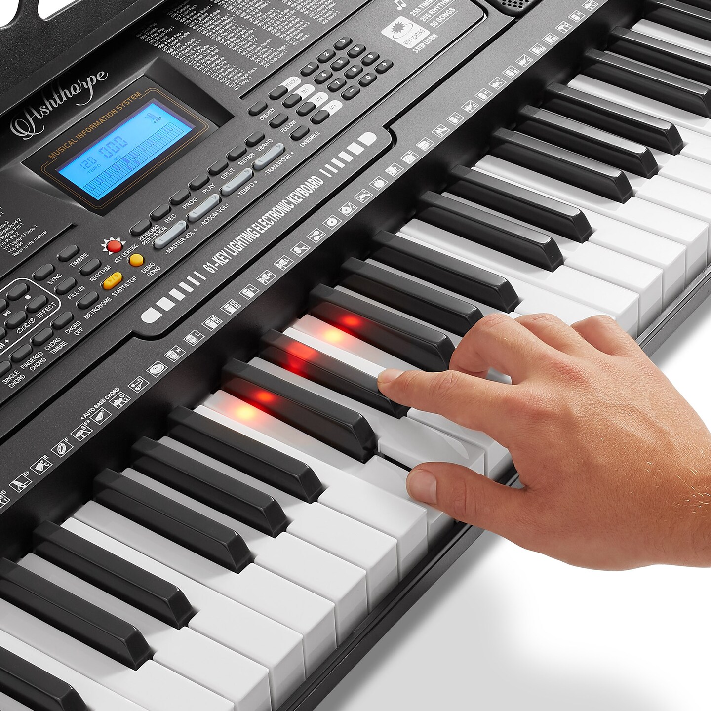 Ashthorpe 61-Key Digital Electronic Keyboard Piano with Light Up Keys, Beginner Kit Includes Headphones, Mic and Keynote Stickers