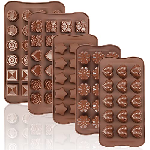 JOERSH Silicone Chocolate Molds for Fat Bombs Snacks &#x26; Truffles, 5PCS 93-Cavity Caramel Hard Candy Mold (Square, Round, Heart, Star, Flower Shapes)