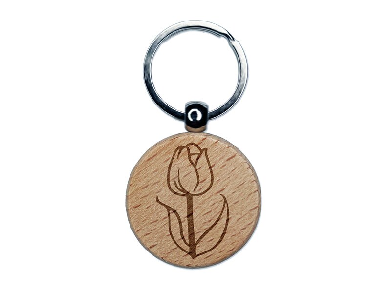 Hand Drawn Tulip Flower Doodle Engraved Wood Round Keychain Tag Charm