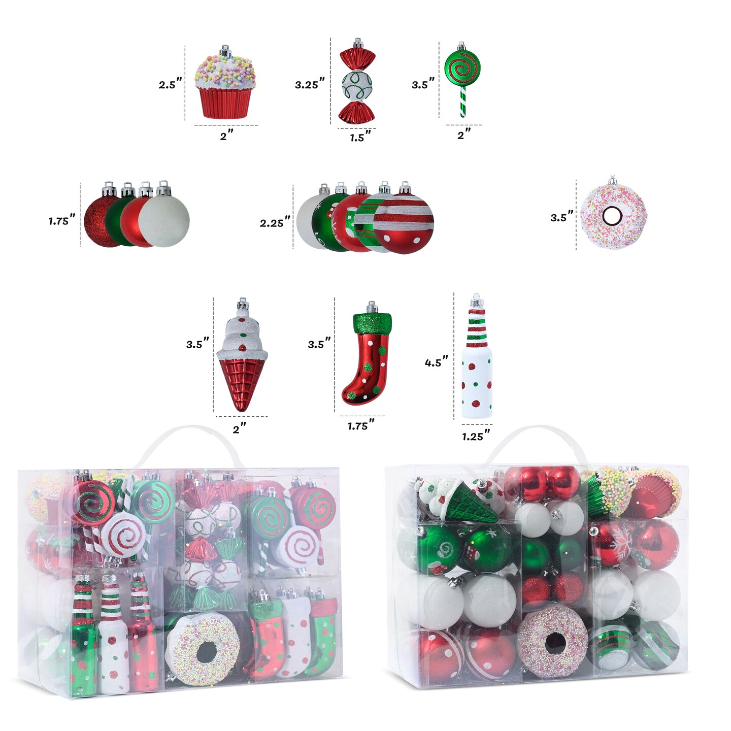 R N' D Toys Candycane Ornament Set – Christmas Candy Cane Shatterproof Balls and Candy Hanging Ornaments for Indoor or Outdoor Christmas Tree, Holiday Party, Home Décor - 82 Piece Set (Red, Green & White)