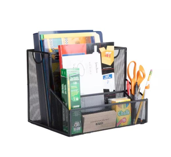 Network Collection, 4-Compartment Desktop Organizer, Vertical File Storage, Letter Size, Document Holder, 3 Accessory Storage Compartments, Metal Mesh, 12.15" L x 9.5" W x 9.5" H, Black