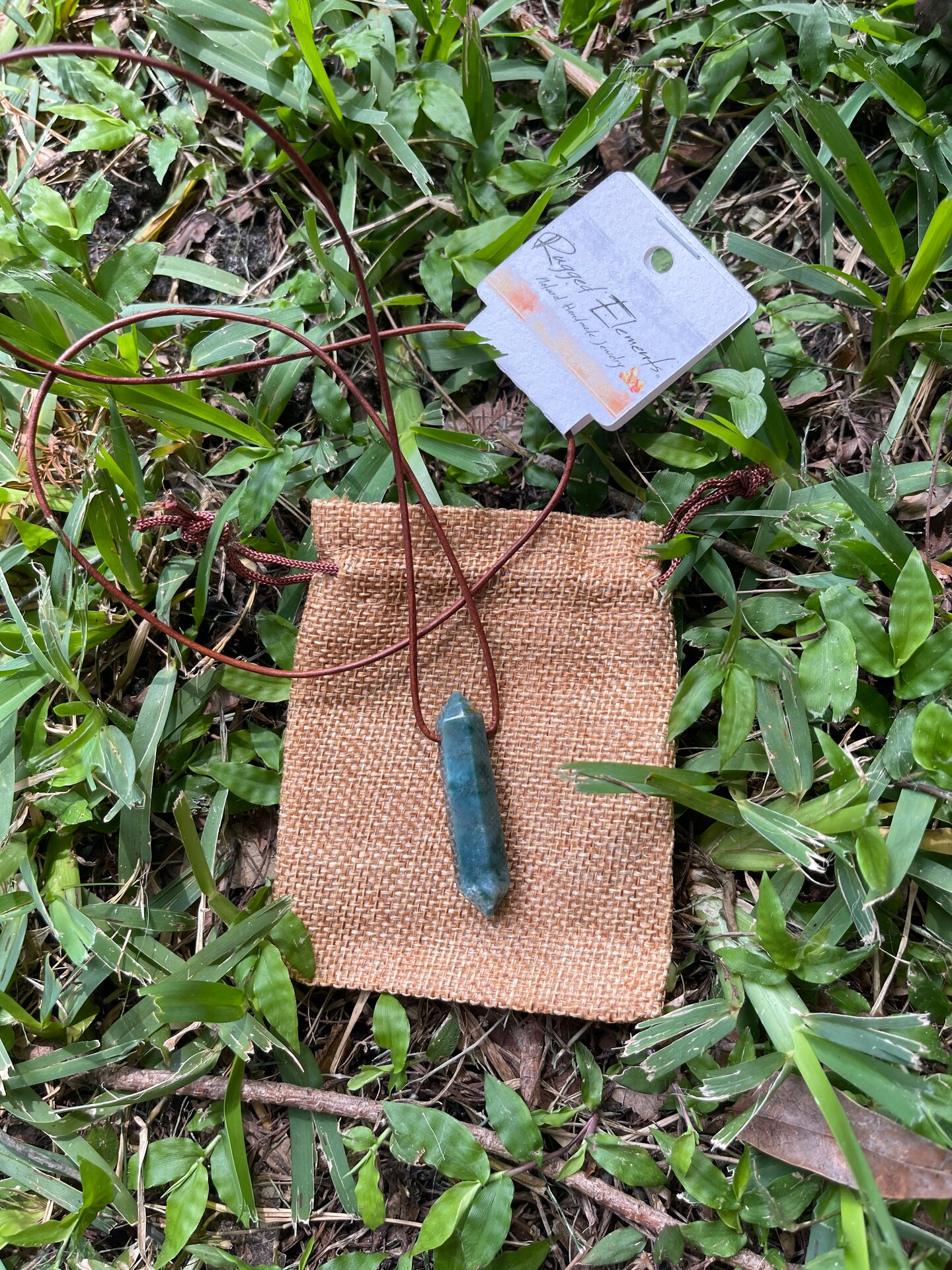 Natural Cut Green Moss Agate Crystal Point Pendant On Rustic Brown