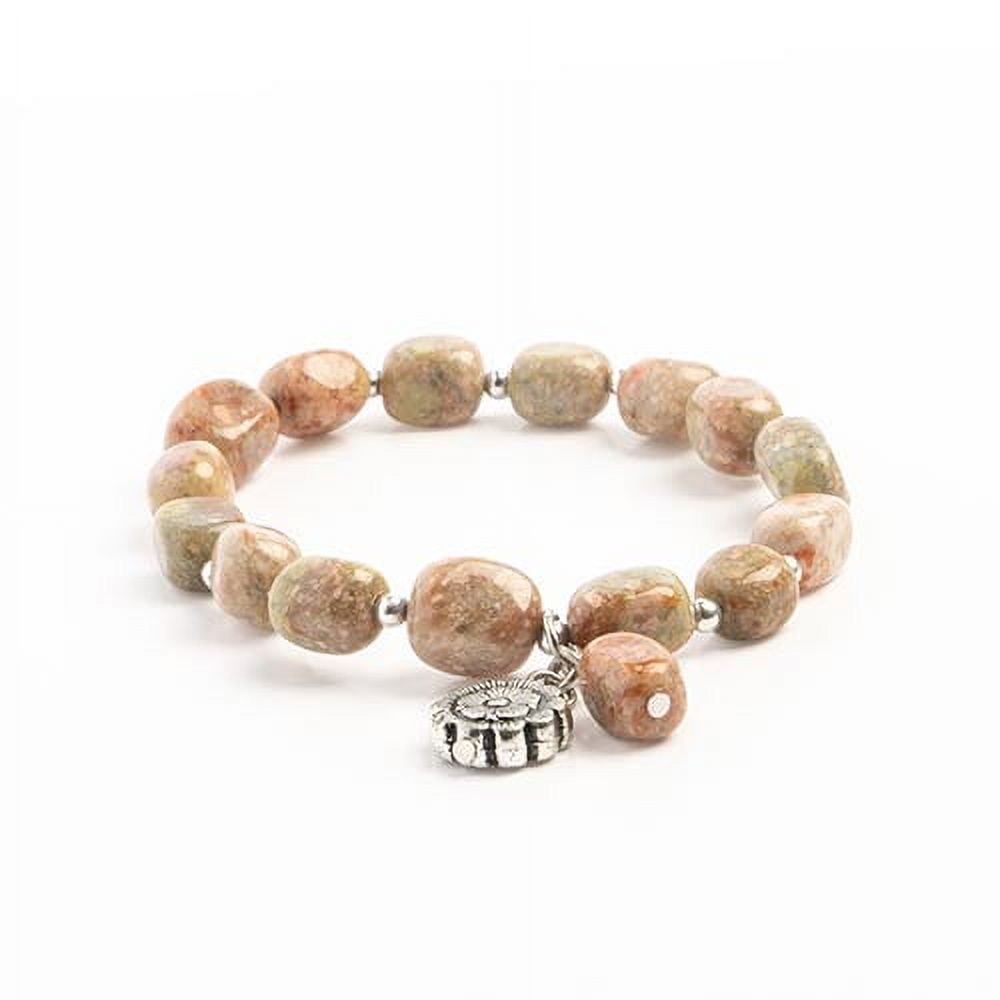 Earth&#x27;s Jewels Semi-Precious Jasper Natural Brown Unakite Stretch Bracelet, Flower Charm