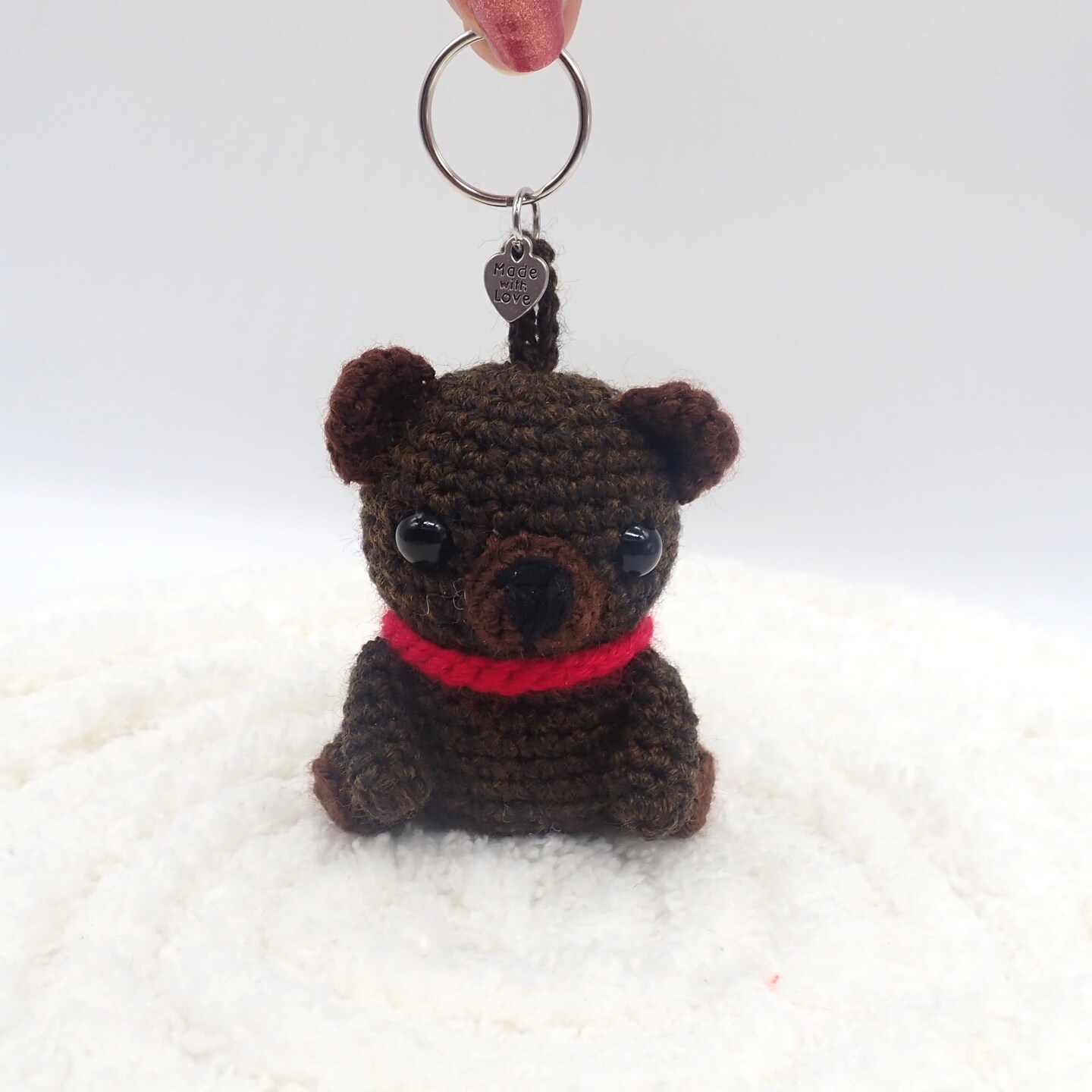 product name is Teddy Bear Amigurumi Keychain, Key Charm, Ornament Crochet