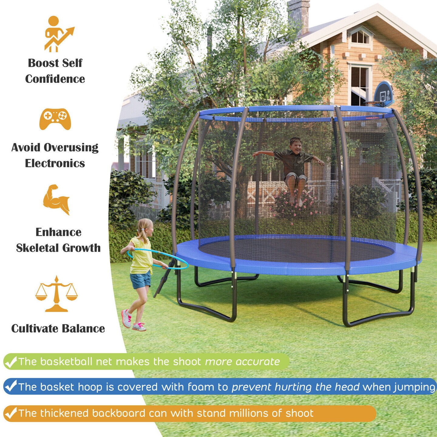 Recreational Trampoline with Basketball Hoop and Net Ladder