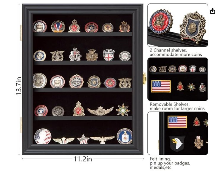 Military Challenge Coin Display Shadow Box - Pin Display Cabinet with Removable Shelves and Badge Pinnable Background Ribbons Buttons Insignia Small Black