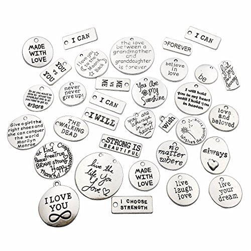 30 Pieces Inspiration Words Charms Craft Supplies Mixed Pendants Beads Charms Pendants for Crafting, Jewelry Findings Making Accessory for DIY Necklace Bracelet (M044)