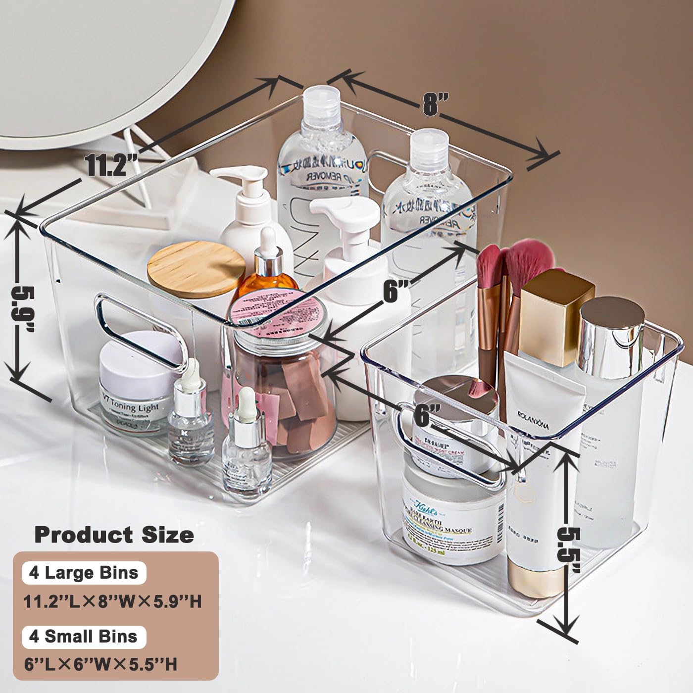 8 Pack Clear Plastic Storage Bins, 4 Large and 4 Small Refrigerator Organizer Bins with Handles, Pantry Organization and Storage for Kitchen,Fridge, Freezer,Home Edit and Cabinet