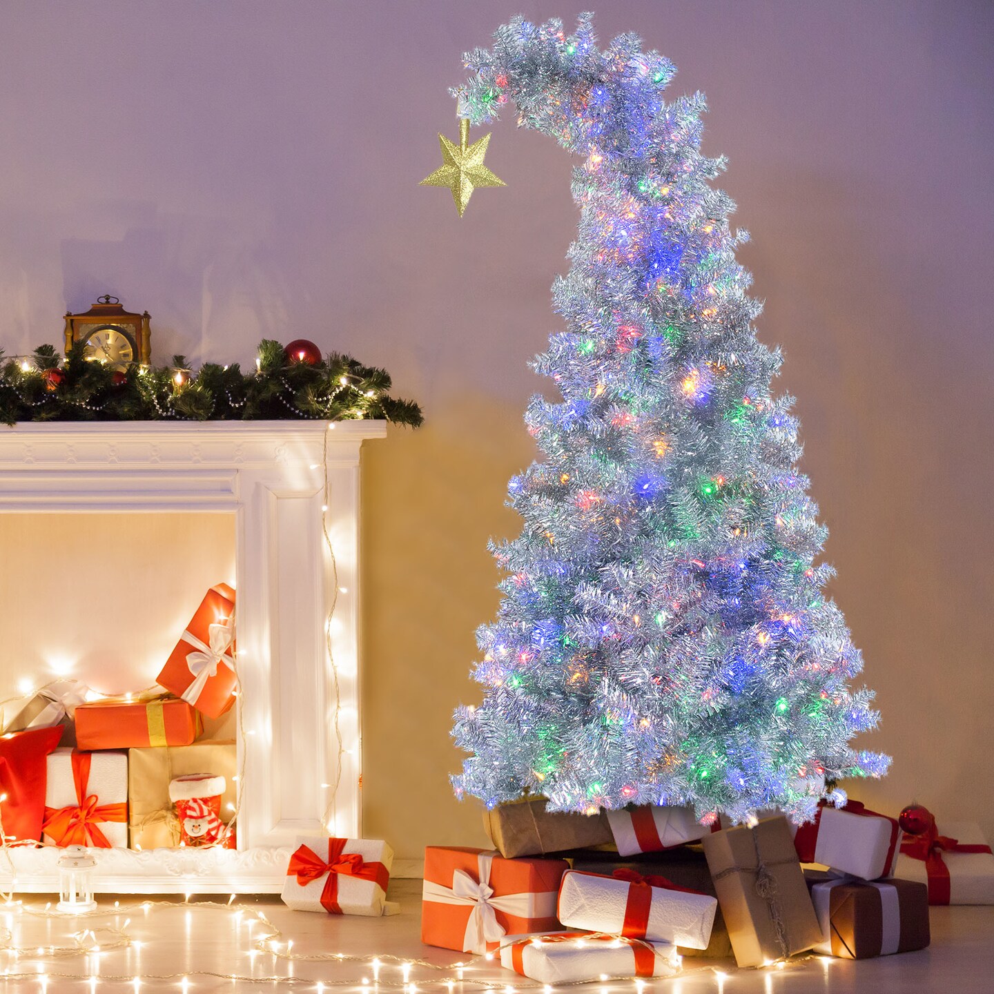 GO 6 FT White Christmas Tree with 300 Colorful LED Lights, Bent Top With Gold Star