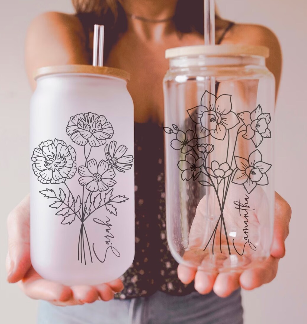 6-Pack Wildflower Glass Cups With Lids & Straws – 16 Oz Bohemian Iced Coffee Tumblers - View #2