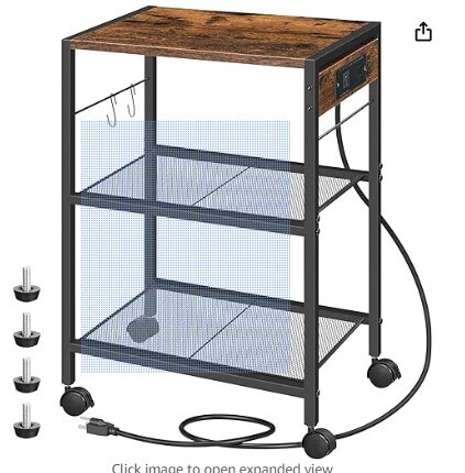 Rustic Brown BF22UPS01 Industrial Printer Stand, 3-Tier Mobile Printer Table, Rolling Cart with Power Outlets and USB Ports, Home Printer Stand with 2 Hooks, for Office, Living Room