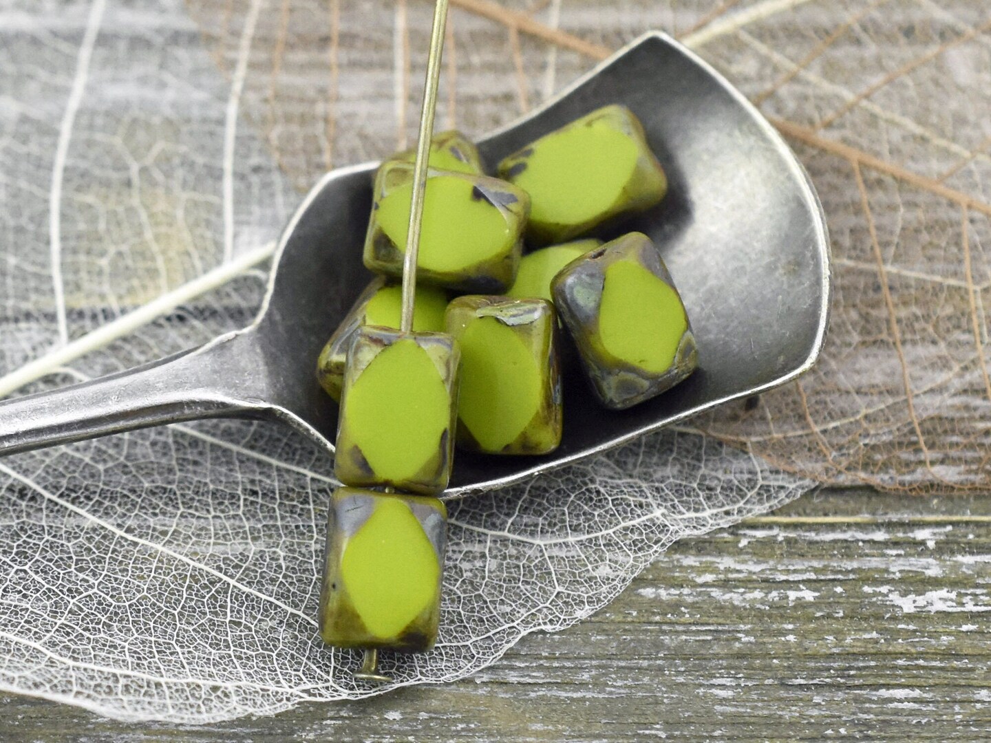 *20* 7x10mm Chartreuse Picasso Table Cut Chicklet Rectangle Beads