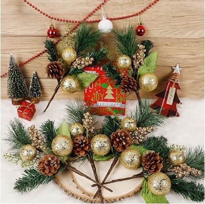 6 Pack 12&#x27;&#x27; Elegant Faux Picks for Christmas Gold &#x26; Silver Globe Ornaments + Pine Cone + Green Poinsettia Leaf + Mini Gold Balls