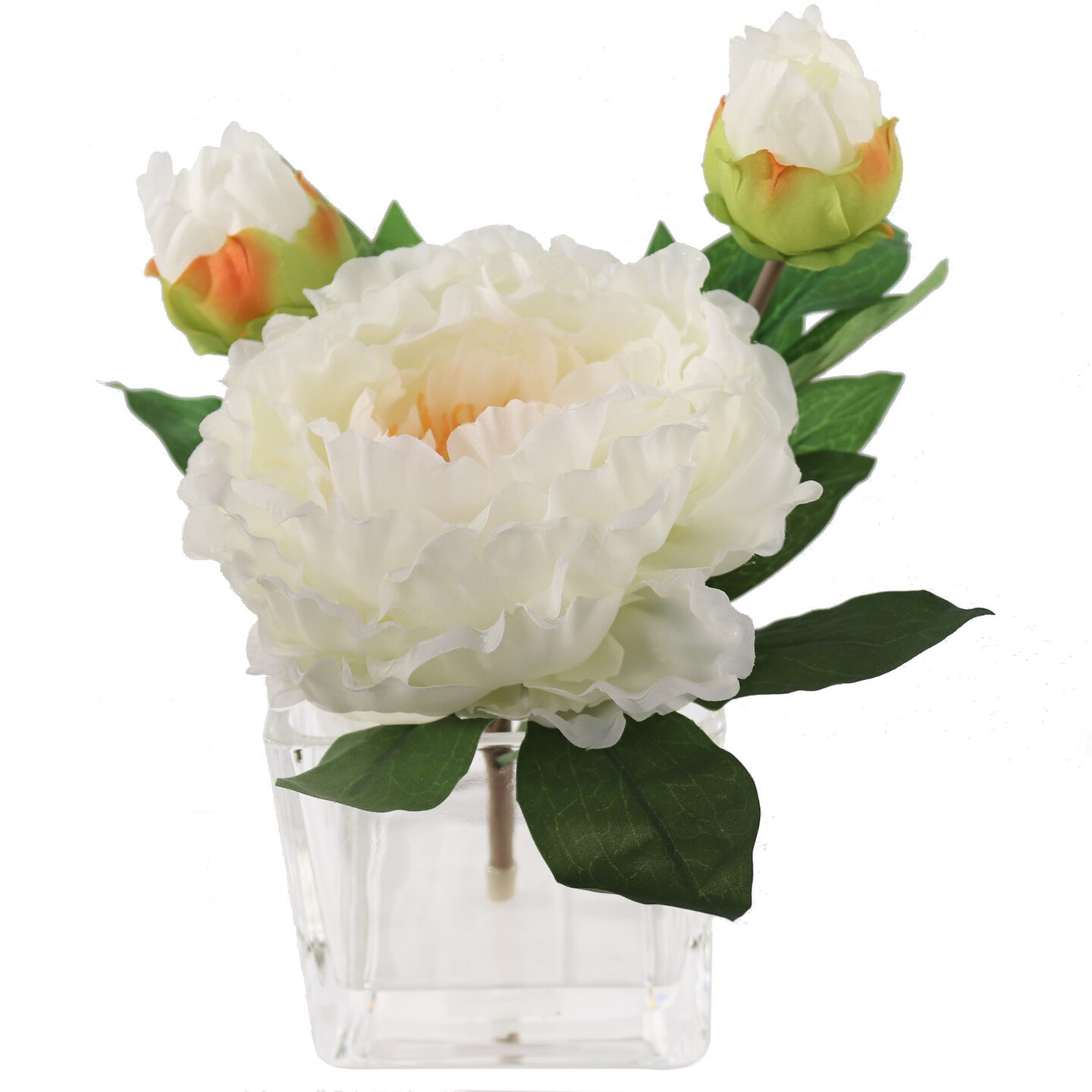 Artificial Pre-Made Peony Arrangement in Faux Water Look Glass Square Vase - 10-Inch - Cream - Ideal for Floral Arrangements, Parties &#x26; Events, Home &#x26; Office Decor