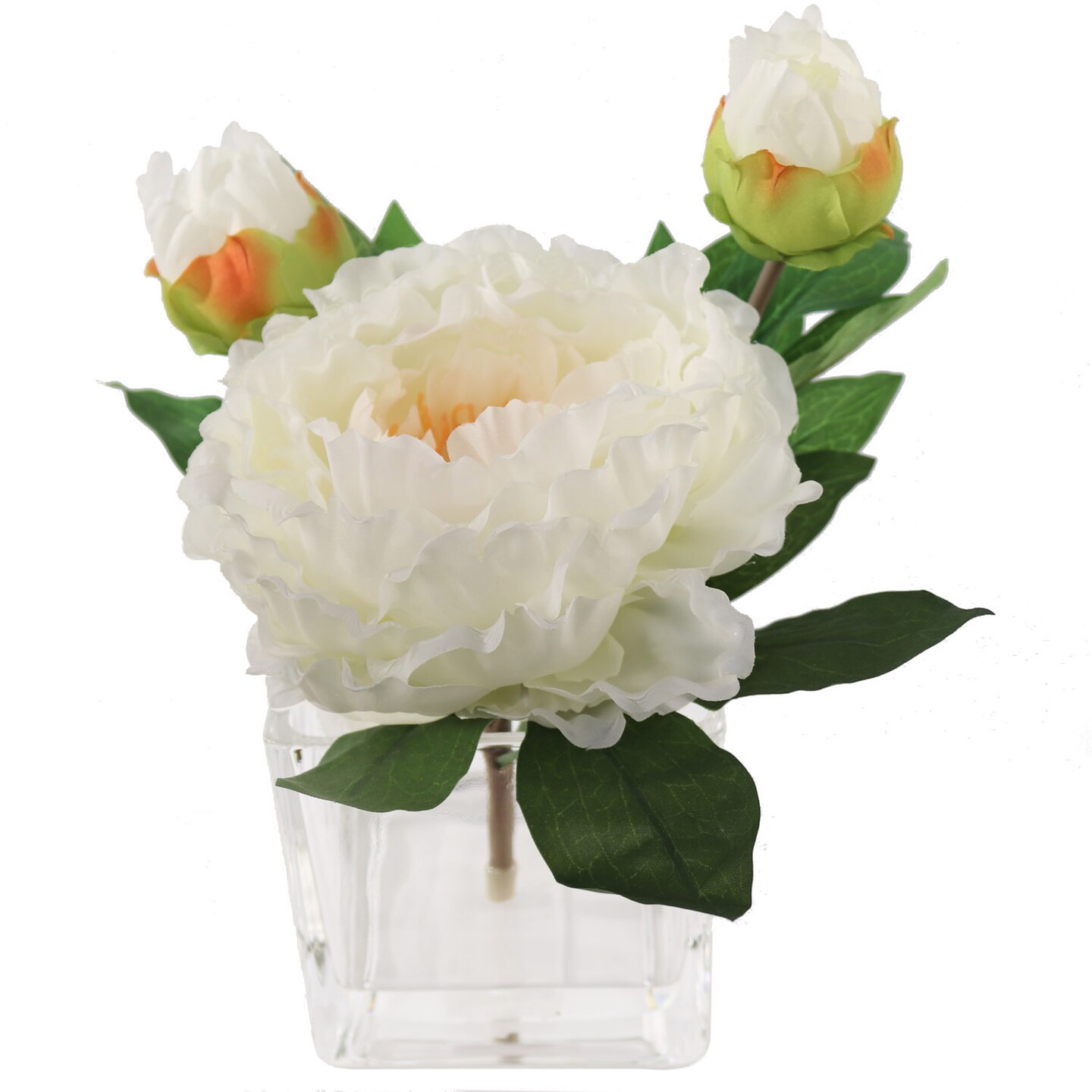 Artificial Cream Peony Arrangement - Lifelike Silk Flowers in Glass Square Vase, Ideal for Home, Office & Wedding Décor - Spring & Year-Round Elegance, Floral Home by Artificial Flowers