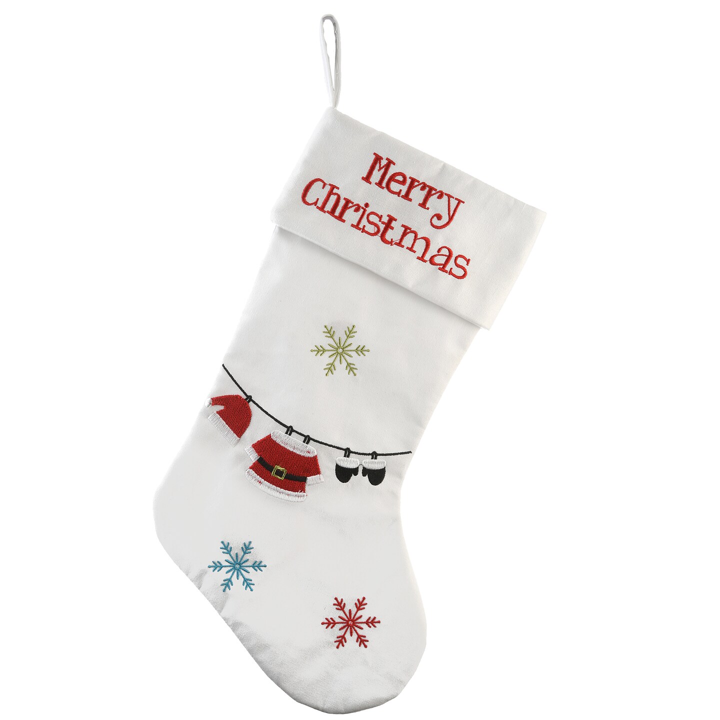 National Tree Company 18" White Merry Christmas Stocking with Snowflakes