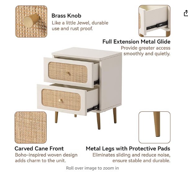 2-Drawer End Table White Finish Side Table for Small Spaces, Modern Farmhouse Wooden Bedside Table, Boho Mid-Century Coastal Storage Cabinet, Wicker Rattan Nightstand Set of 2.