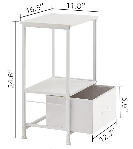 White Leather Nightstand, 24.6&#x27;&#x27; Height Bedside Table End Table for Bedroom Nursery Living Room - Removable Fabric Drawer, Open Storage Shelf, Sturdy Steel Frame, Durable Wood Top