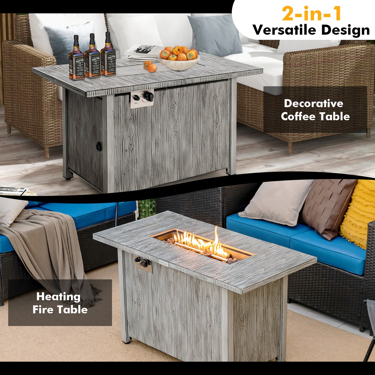 43 Inch 50 000 BTU Propane Fire Pit Table with Removable Lid-Grey